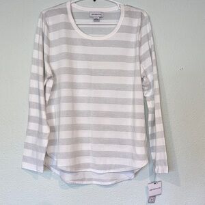Liz Claiborne White and Silver Striped Long Sleeve Tee